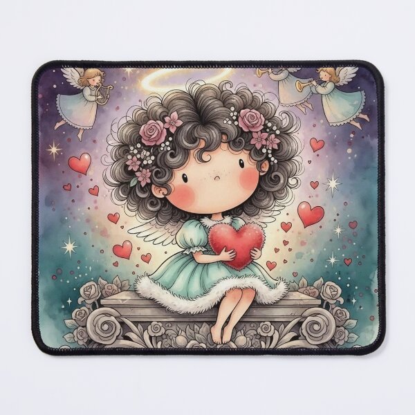 Item preview, Cute Angel Girl With Curly Hair Holding Red Heart – Kawaii Heaven Illustration designed and sold by Pixel Pout.