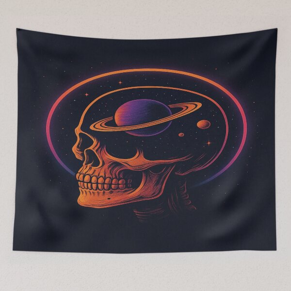 Item preview, Cosmic Skull Art – Neon Space Illustration with Saturn and Retro Glow designed and sold by FernandsOficial.