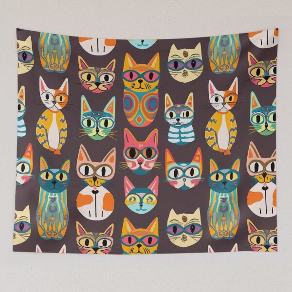 Item preview, typography, film, painting, seamless boho pattern with images of cats in all shapes and sizes, film, painting, product, typography illustration, designed and sold by gulka8.