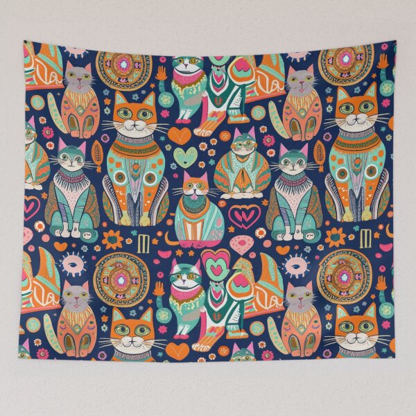 Item preview, typography, film, painting, seamless boho pattern with images of cats in all shapes and sizes, film, painting, product, typography illustration, designed and sold by gulka8.