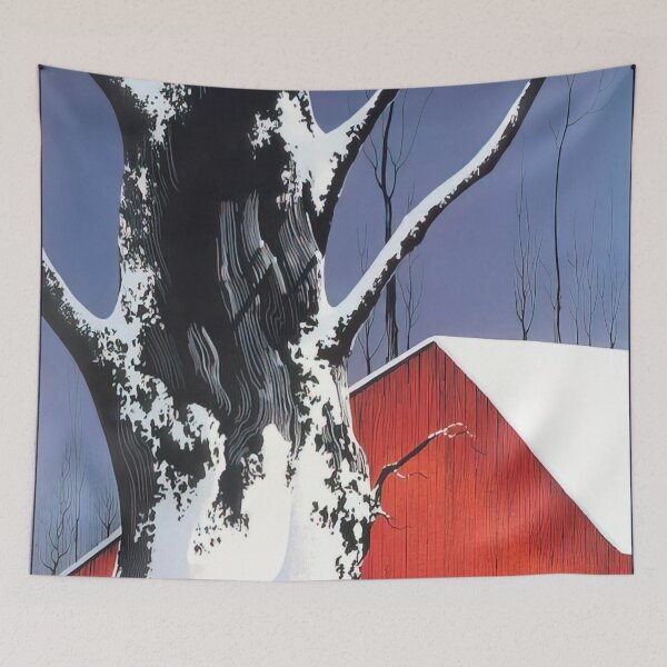 Item preview, Eyvind Earle - Red Barn And Tree Snow designed and sold by meldefiart.