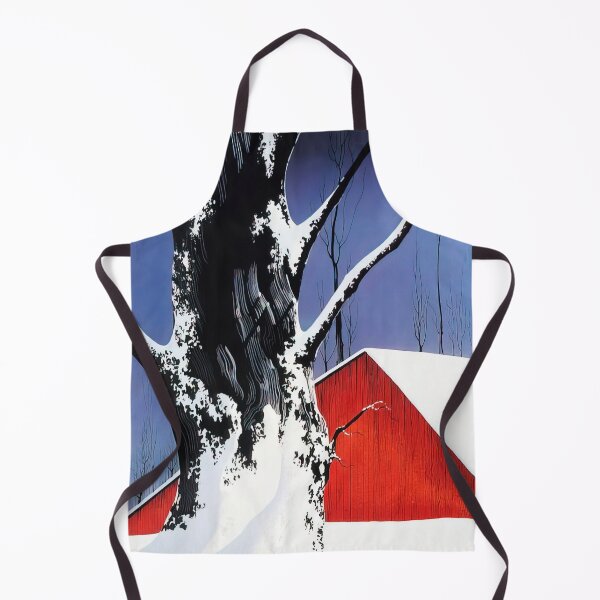 Item preview, Eyvind Earle - Red Barn And Tree Snow Art Print designed and sold by meldefiart.