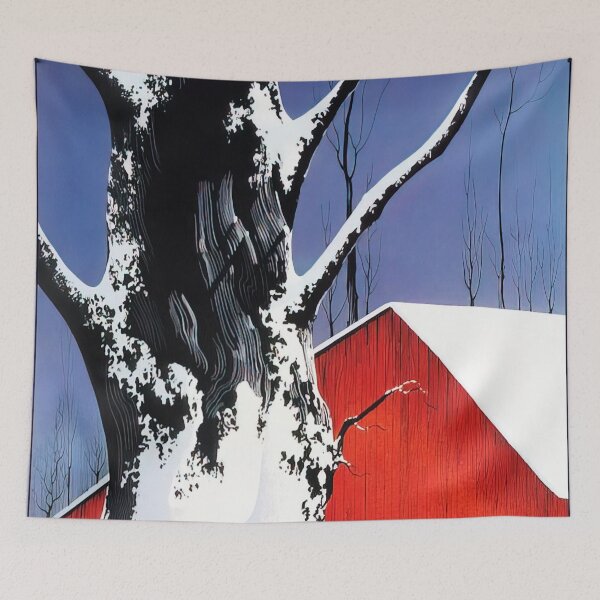 Item preview, Eyvind Earle - Red Barn And Tree Snow Art Print designed and sold by meldefiart.