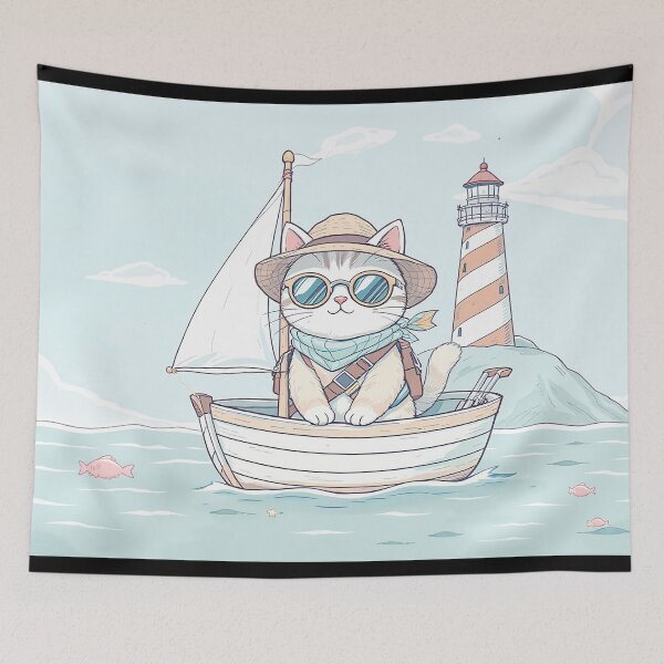 Item preview, Cool Sailing Cat with Sunglasses Nautical Illustration designed and sold by FratddArtworks.