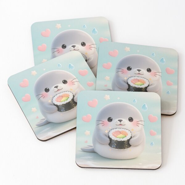 Item preview, Kawaii Seal Eating Sushi Roll Cute Pastel Marine Animal designed and sold by GiftsForge.