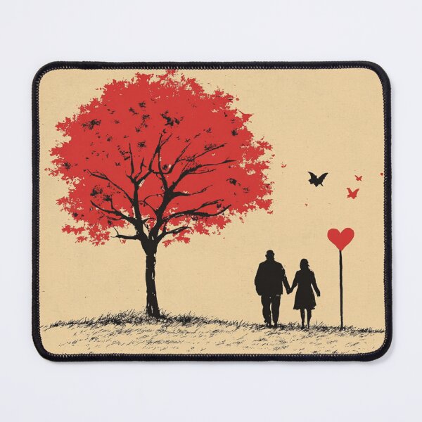 Item preview, Romantic Couple Under Red Tree Love Silhouette Art with Heart and Butterflies designed and sold by YoungFrankenstein.