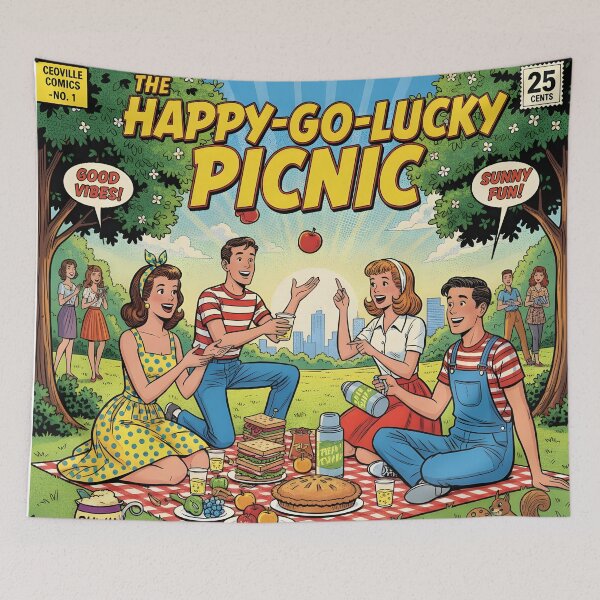 Item preview, Happy-Go-Lucky Picnic Retro Comic Book Cover Park Adventures designed and sold by VibranPalette.