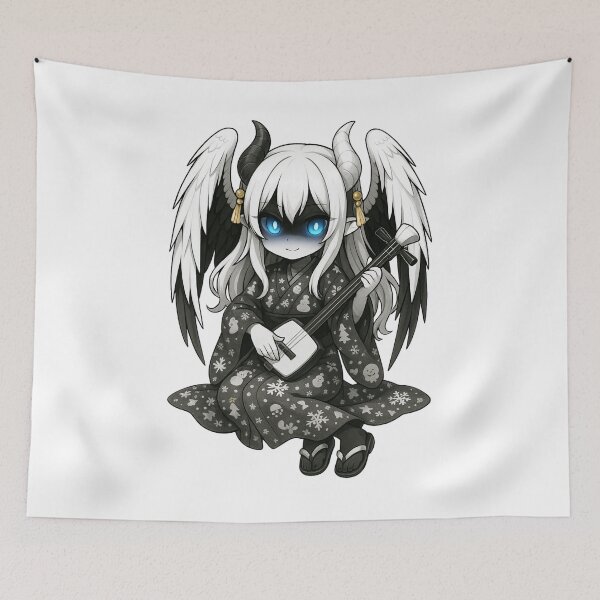 Item preview, Demonic Chibi Angel – Blue-Eyed Gothic Musician in Christmas Kimono designed and sold by KamiVerse.