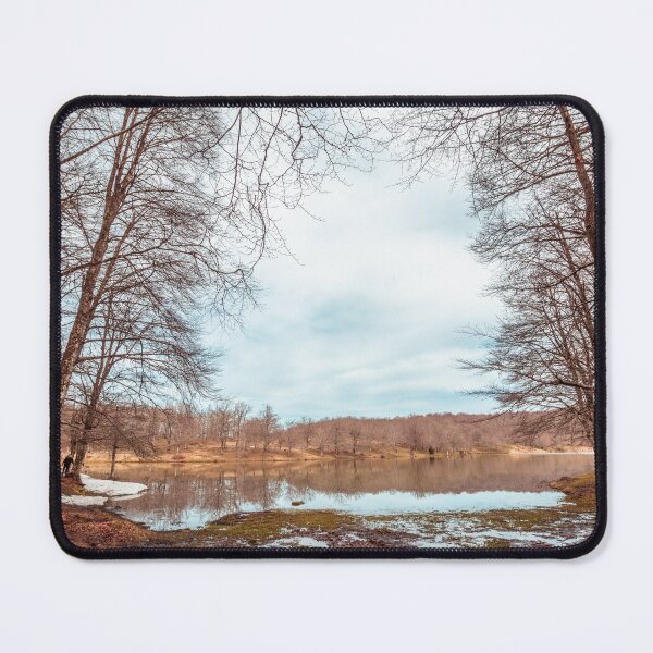 Item preview, Bare Deciduous Trees Frame a Forest Lake on a Cold Day with Melting Snow and Muddy Shores. designed and sold by MDB_Shop.