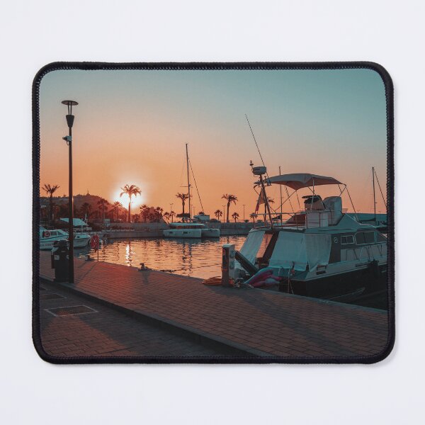 Item preview, Cinematic sunset view of a luxurious motor yacht docked in a Mediterranean marina designed and sold by MDB_Shop.