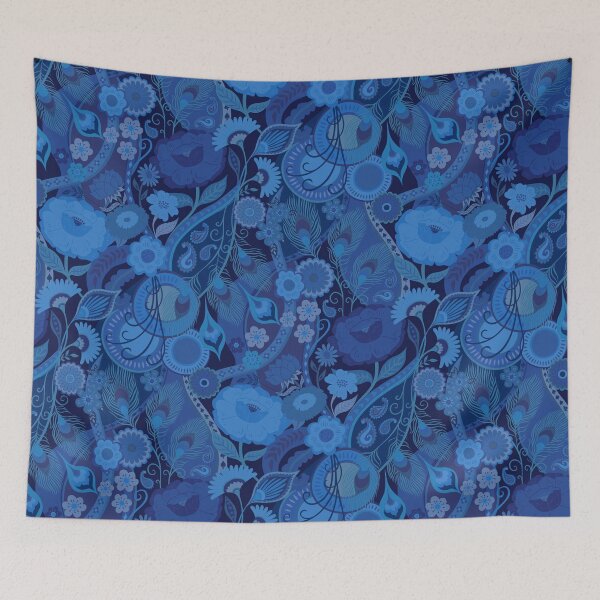 Item preview, Opulent Bohemian 70s Glam Floral - Blue on navy By Cecca Designs designed and sold by Cecca-Designs.