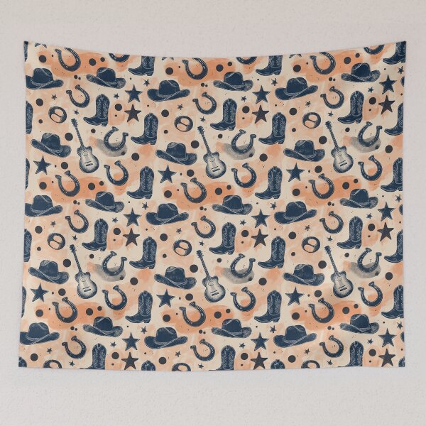 Item preview, Cowboy Hats, Boots, Stars and Guitars in Light Orange & Navy – Peachy Keen designed and sold by The Print Parlor.