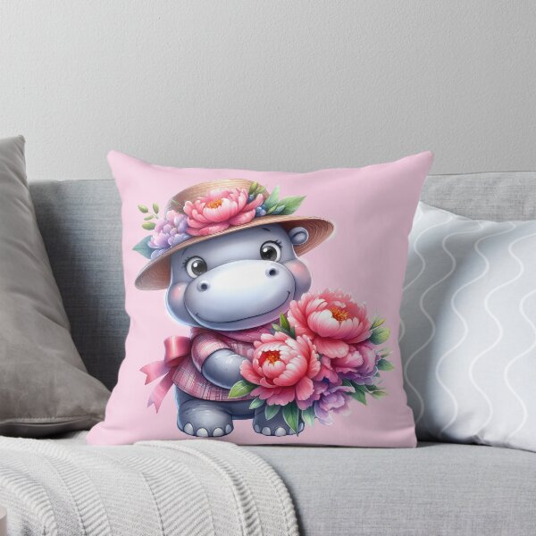 Item preview, Cute Floral Hippo – Pink Peony Bouquet Straw Hat Cartoon designed and sold by EmeraldeaArt.