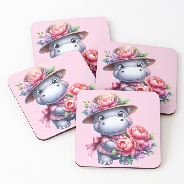Item preview, Cute Floral Hippo – Pink Peony Bouquet Straw Hat Cartoon designed and sold by EmeraldeaArt.