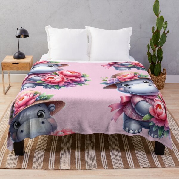 Item preview, Cute Floral Hippo – Pink Peony Bouquet Straw Hat Cartoon designed and sold by EmeraldeaArt.