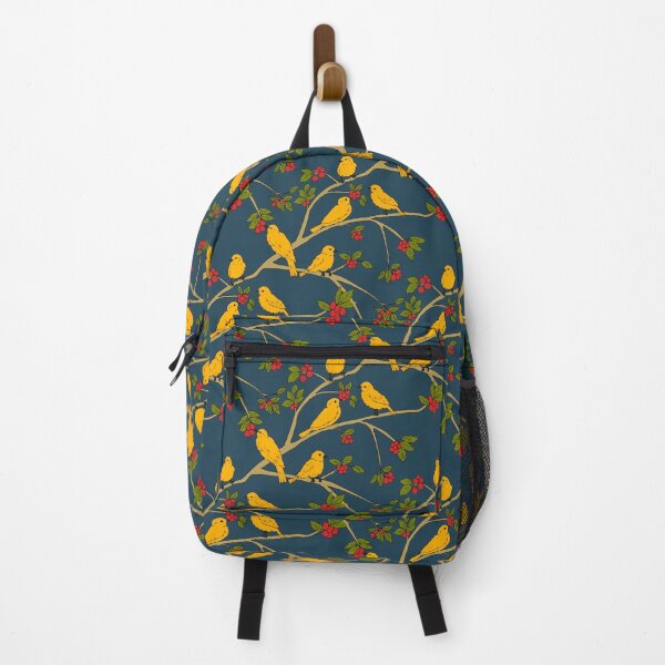 Item preview, Yellow Bird and Red Berries Pattern on Blue Gray designed and sold by JuicyBeasty.
