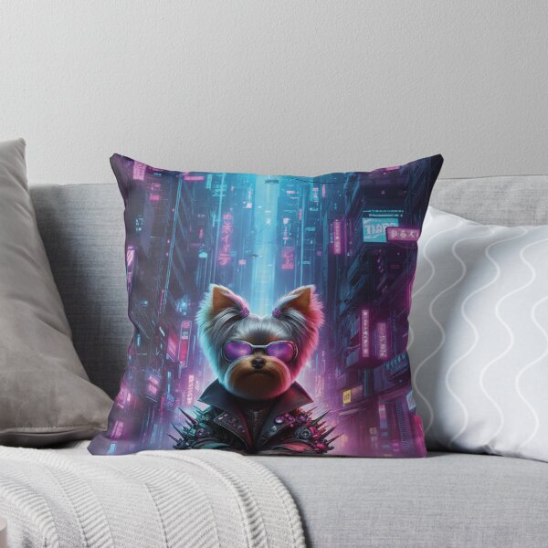 Item preview, Cyberpunk Yorkshire Dog - Neon City Synthwave Art designed and sold by Heleniya.