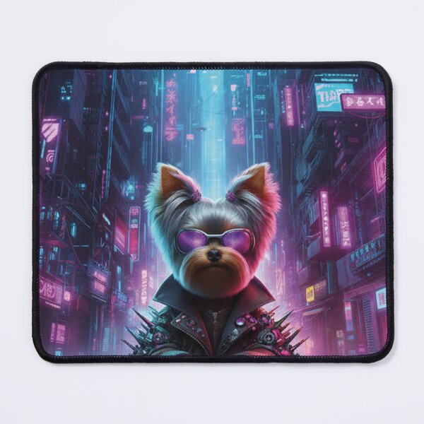 Item preview, Cyberpunk Yorkshire Dog - Neon City Synthwave Art designed and sold by Heleniya.