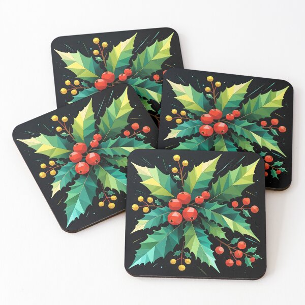 Item preview, Colorful Geometric Holly Leaf and Berry Christmas Art on Black Background designed and sold by BankMano.