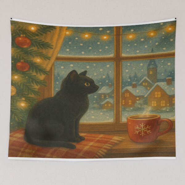 Item preview, Winter Cat by the Christmas Window – Cozy Holiday Art Print designed and sold by leen12 Art Designs Prints.