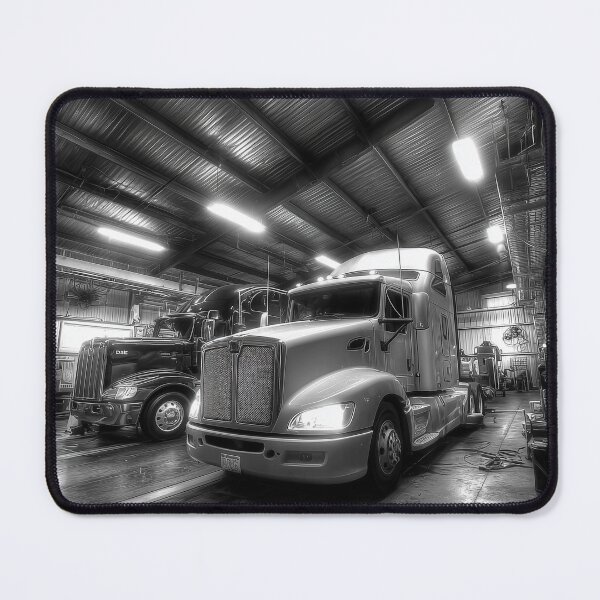 Item preview, Black and White Semi Truck Repair Shop Photography – Diesel Garage Wall Art designed and sold by ArgentoArt.