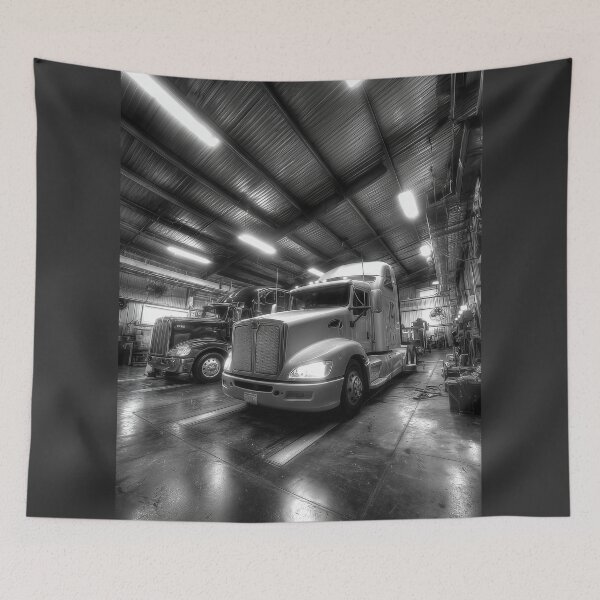 Item preview, Black and White Semi Truck Repair Shop Photography – Diesel Garage Wall Art designed and sold by ArgentoArt.