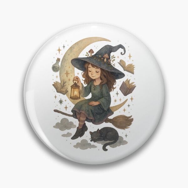 Item preview, Whimsical Witch and Cat – Moonlit Magic Watercolor Fantasy Art designed and sold by inkoutninja.