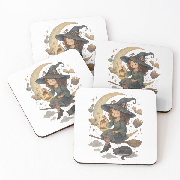 Item preview, Whimsical Witch and Cat – Moonlit Magic Watercolor Fantasy Art designed and sold by inkoutninja.