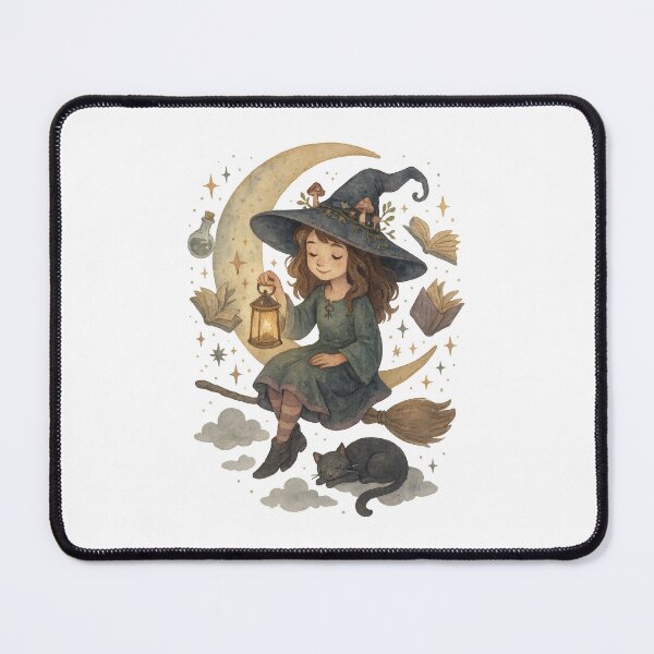 Item preview, Whimsical Witch and Cat – Moonlit Magic Watercolor Fantasy Art designed and sold by inkoutninja.
