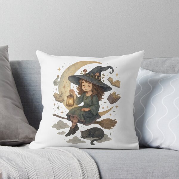 Item preview, Whimsical Witch and Cat – Moonlit Magic Watercolor Fantasy Art designed and sold by inkoutninja.