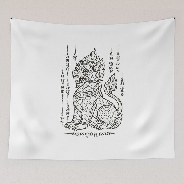Item preview, Thai Singha Guardian Yantra | Sacred Line Art Protective Tattoo Design designed and sold by Sksticker991.