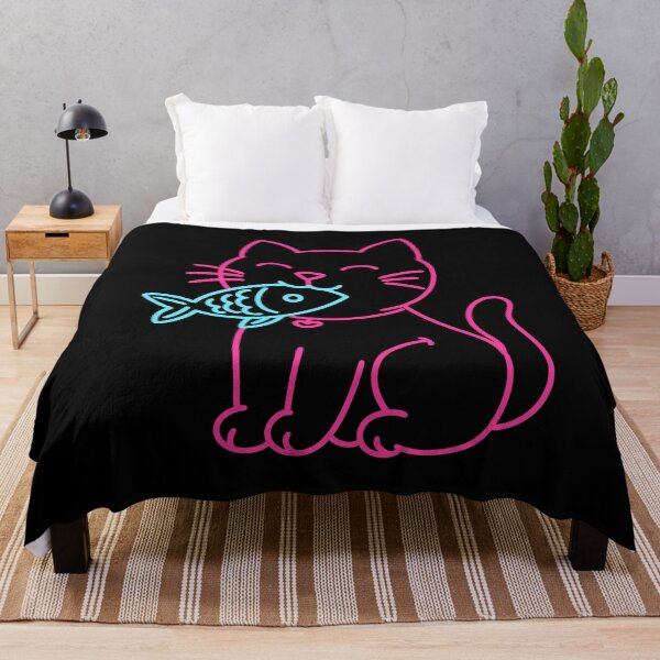 Item preview, Neon Cat With Fish – Minimal Line Art designed and sold by Kewessthetic.