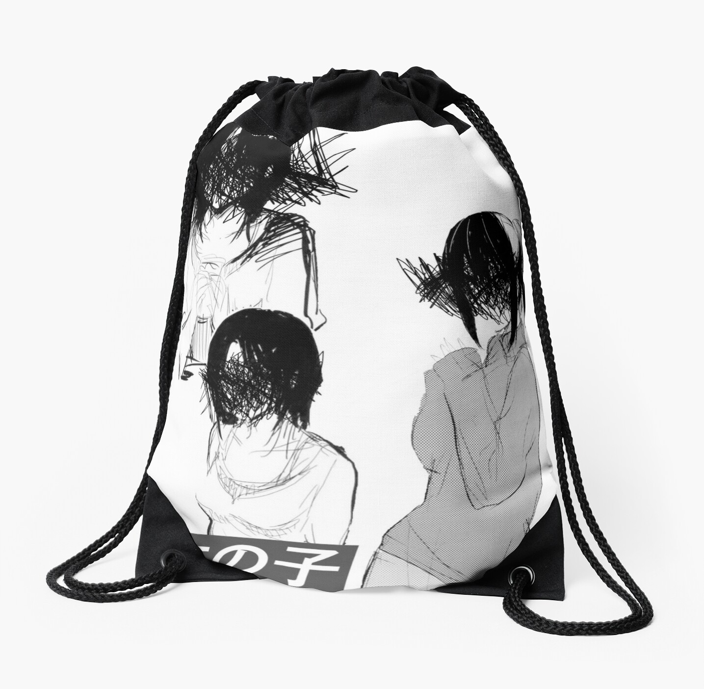 Girls Black And White Sad Japanese Anime Aesthetic Drawstring