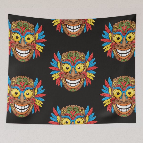 Item preview, Happy Tiki Mask Cartoon – Vibrant Tropical Wooden Tribal Mask with Feathers designed and sold by DiiStyle.
