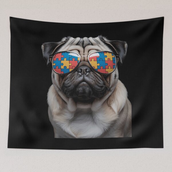 Item preview, Funny autism pug wearing sunglasses designed and sold by ValerieRodrigue.