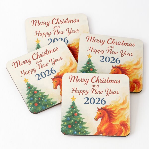 Item preview, Merry Christmas and Happy New Year 2026 – Xmas Tree with Fiery Fire Horse designed and sold by EmeraldeaDesign.