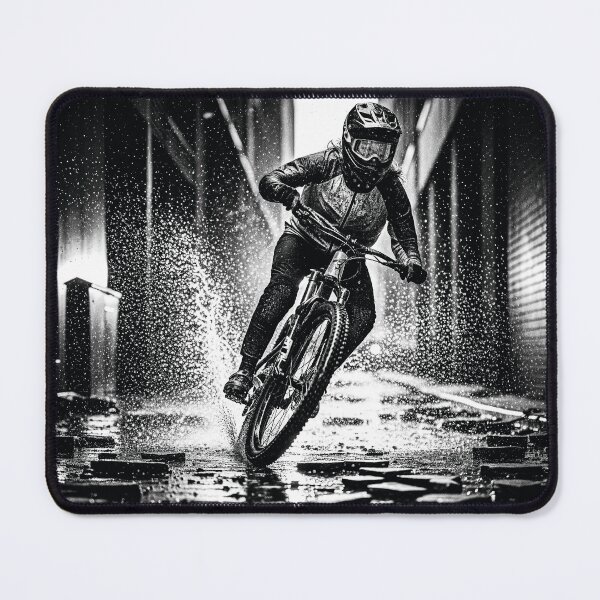 Item preview, Fearless Mountain Biker Powers Through Rain-Soaked Urban Alleyway. designed and sold by Hinson MTB Visuals.
