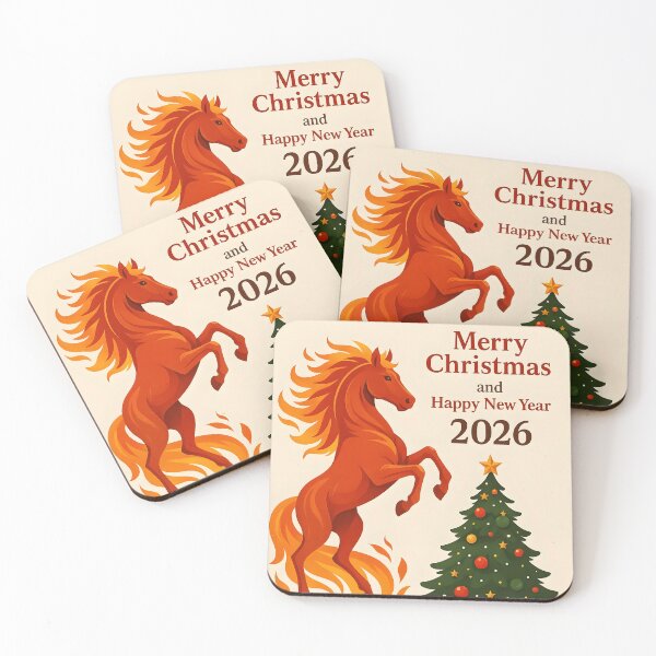 Item preview, Merry Christmas Happy New Year 2026 – Xmas Tree with Red Fire Horse designed and sold by EmeraldeaDesign.