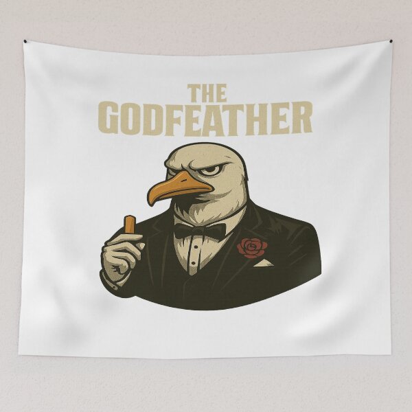 Item preview, “The Godfeather” depicts an elegant seagull as a mafia boss in a tuxedo – complete with a rose, fries, and an iconic gaze. Perfect for humor fans, meme lovers, and anyone who appreciates exceptional designs. designed and sold by Ey-Gi.