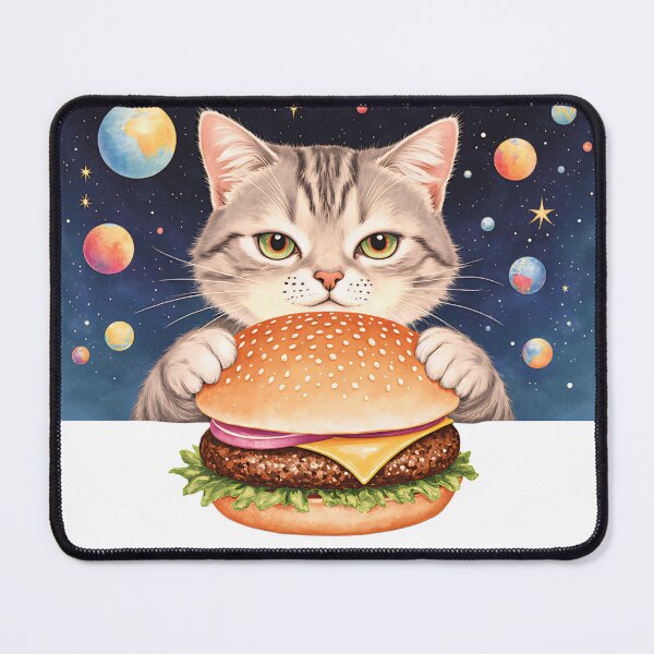 Item preview, Funny cat holding a burger in a colorful cosmic scene with planets and stars designed and sold by SpaceartLilu.