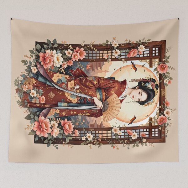 Item preview, Floral Frame Geisha Waifu Anime Art Print designed and sold by BorgSpareParts.