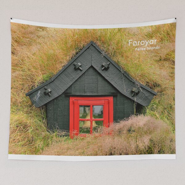 Item preview, Faroe Islands, Faroese village with a traditional red window on a grass-roofed house. Original photography designed and sold by studio838.