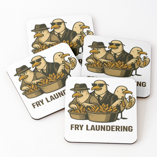 Item preview, “Fry Laundering” shows three seagulls laundering fries like dirty money – a unique cartoon design for those who celebrate black humor and crazy streetwear. designed and sold by Ey-Gi.