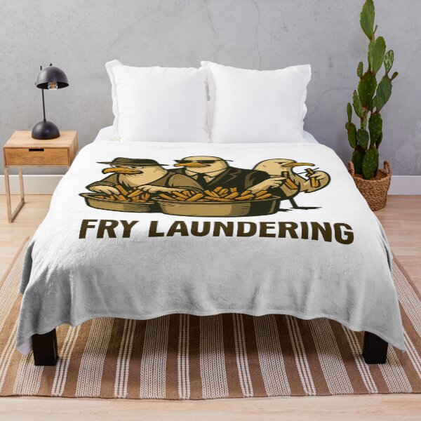 Item preview, “Fry Laundering” shows three seagulls laundering fries like dirty money – a unique cartoon design for those who celebrate black humor and crazy streetwear. designed and sold by Ey-Gi.