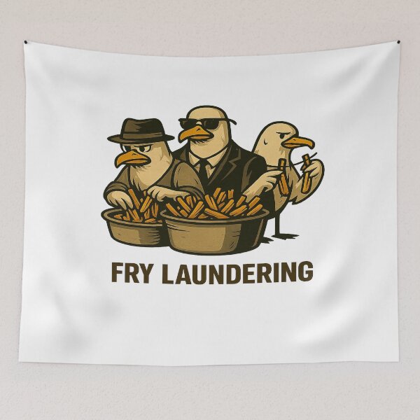 Item preview, “Fry Laundering” shows three seagulls laundering fries like dirty money – a unique cartoon design for those who celebrate black humor and crazy streetwear. designed and sold by Ey-Gi.