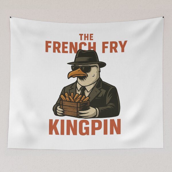 Item preview, The “French Fry Kingpin” presents an ice-cold seagull in a mafia suit with a box of fries – the perfect motif for humor fans, meme lovers and all those who celebrate extraordinary cartoon art. designed and sold by Ey-Gi.