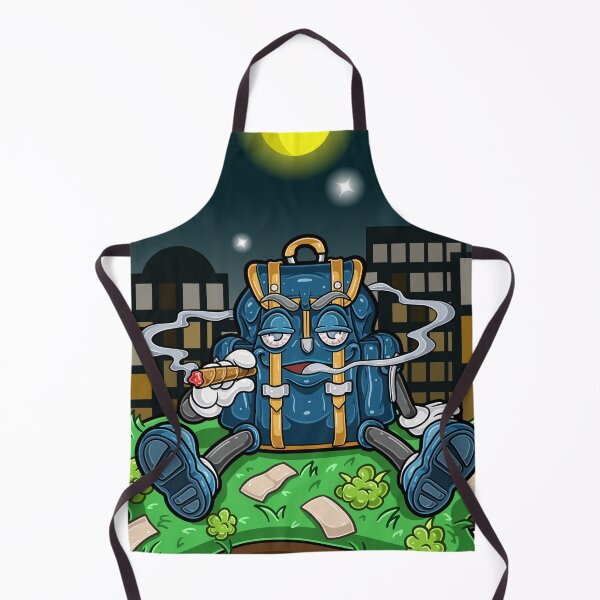 Item preview, Backpack cartoon smoking a cigarette and sitting on grass with city night background. designed and sold by tedykurniawan12.