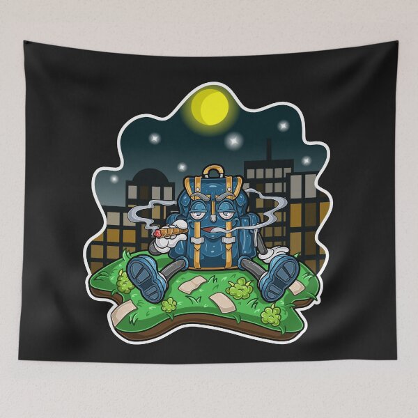 Item preview, Backpack cartoon smoking a cigarette and sitting on grass with city night background. designed and sold by tedykurniawan12.