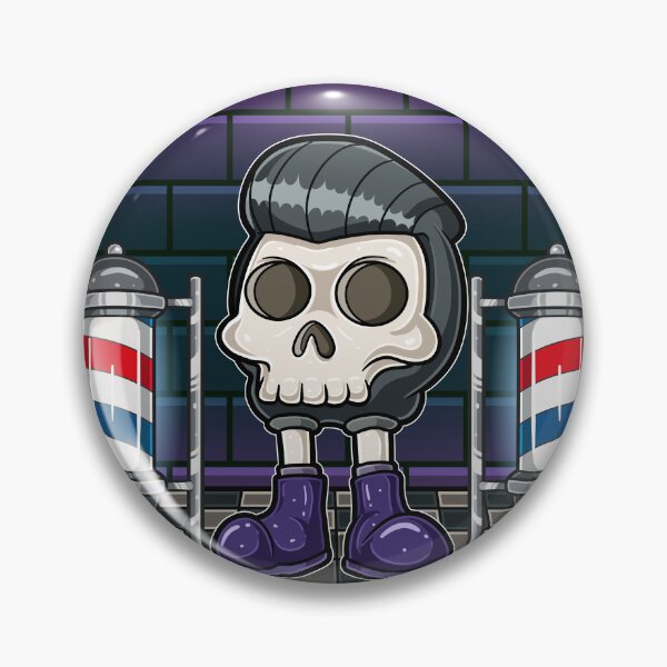 Item preview, Skeleton Head Cartoon Character standing with cool hair, barbershop and brick background with neon light.  designed and sold by tedykurniawan12.