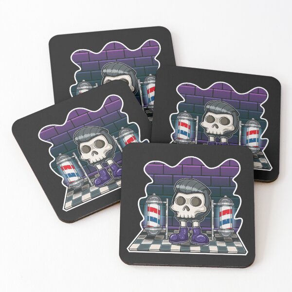 Item preview, Skeleton Head Cartoon Character standing with cool hair, barbershop and brick background with neon light.  designed and sold by tedykurniawan12.